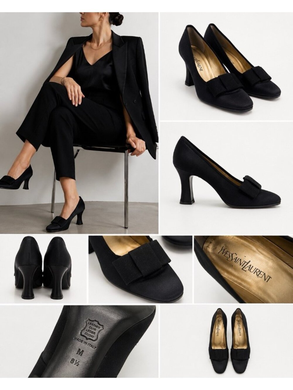 YVES SAINT LAURENT VINTAGE black satin bow heels pumps italy 8.5 quiet luxury